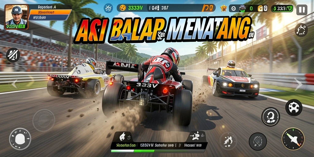 Screenshot gameplay 333V dengan mobil balap dan trek menantang.