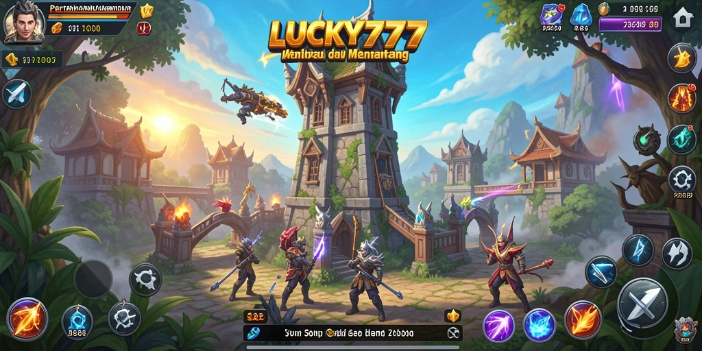 Screenshot gameplay LUCKY777 menampilkan pertahanan menara yang dinamis dan seru.