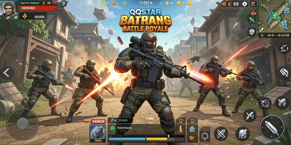 Screenshot gameplay QQSTAR menampilkan pertempuran intens di Battle Royale.